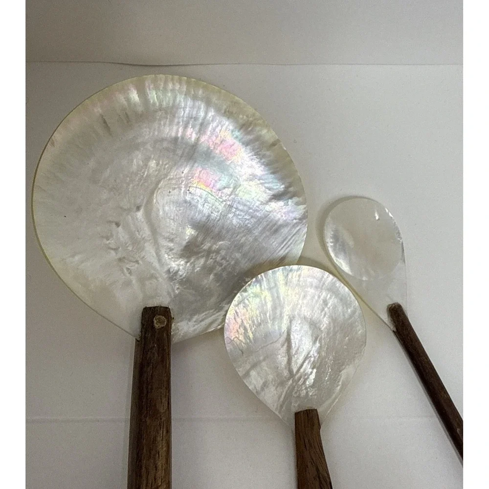 3 Vtg Mother of Pearl Spoons  w/ Coconut Wood Handle For Jam Cream Caviar #1619